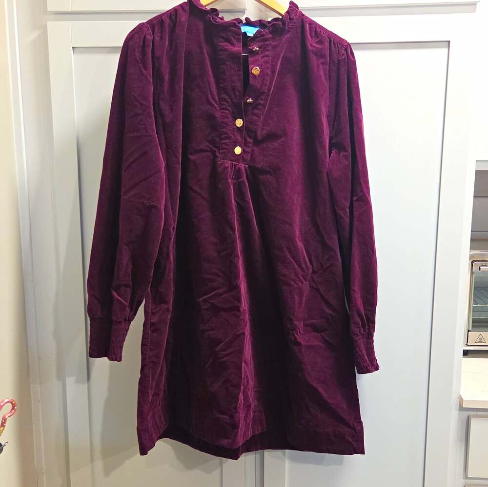 Draper James Maroon Corduroy Shift Mock Neck Button Smocked Velvet Dress Sz XL